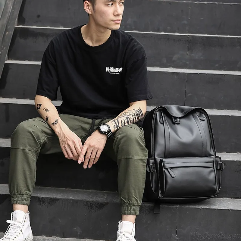 Business PVC Leather Waterproof Computer Bag With USB Charging Port Anti Theft School Men's Backpack Travel Hiking Rucksack 