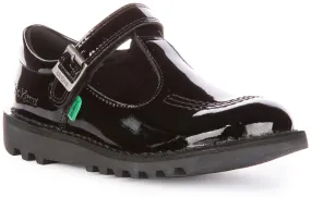 Kickers Kick T Bar Zapatos de piel con tira autoadherente para jóvenes en charol negro