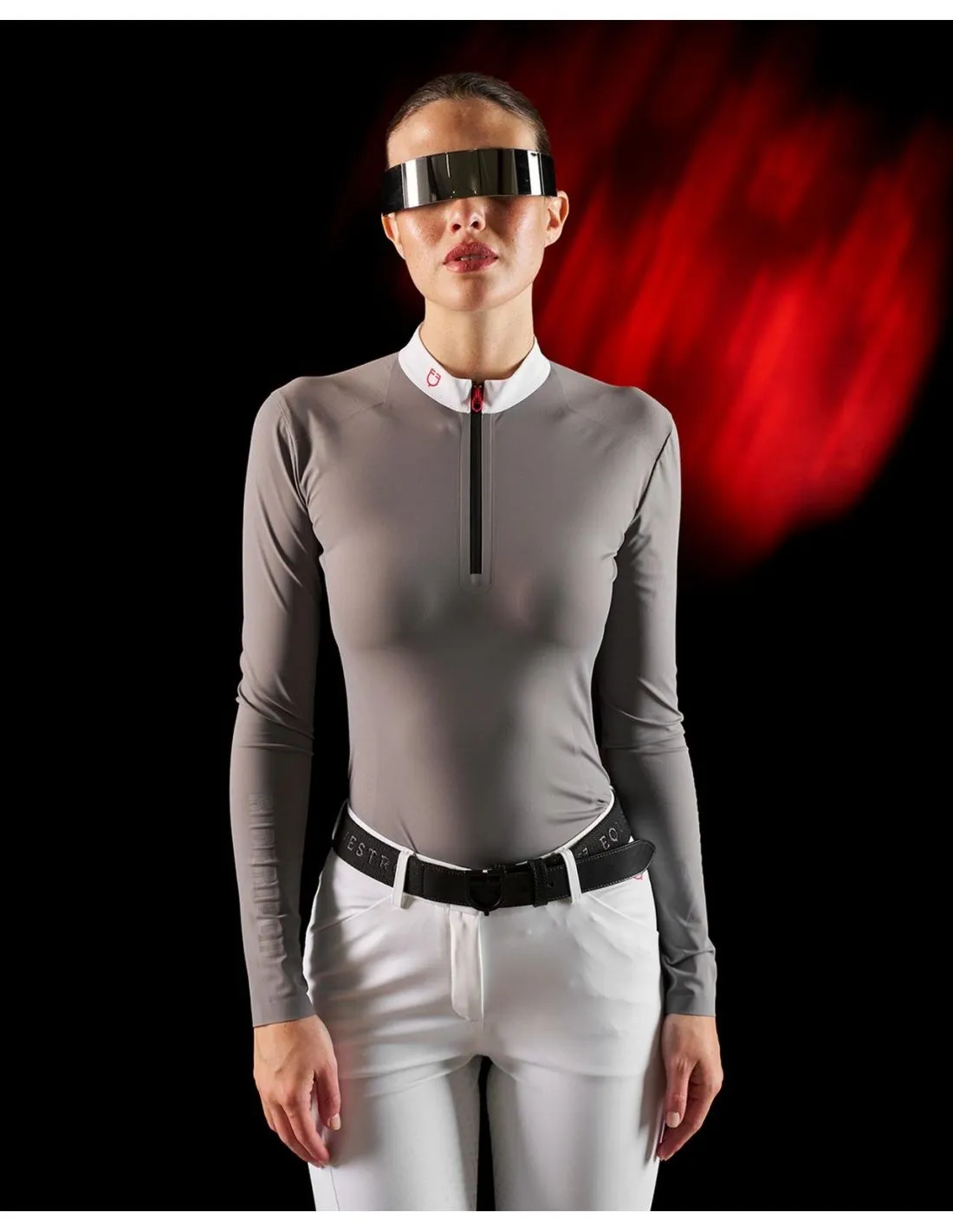 Polo De Competición Manga Larga Y Cremallera Mujer Equestro Ridertechnology Gris