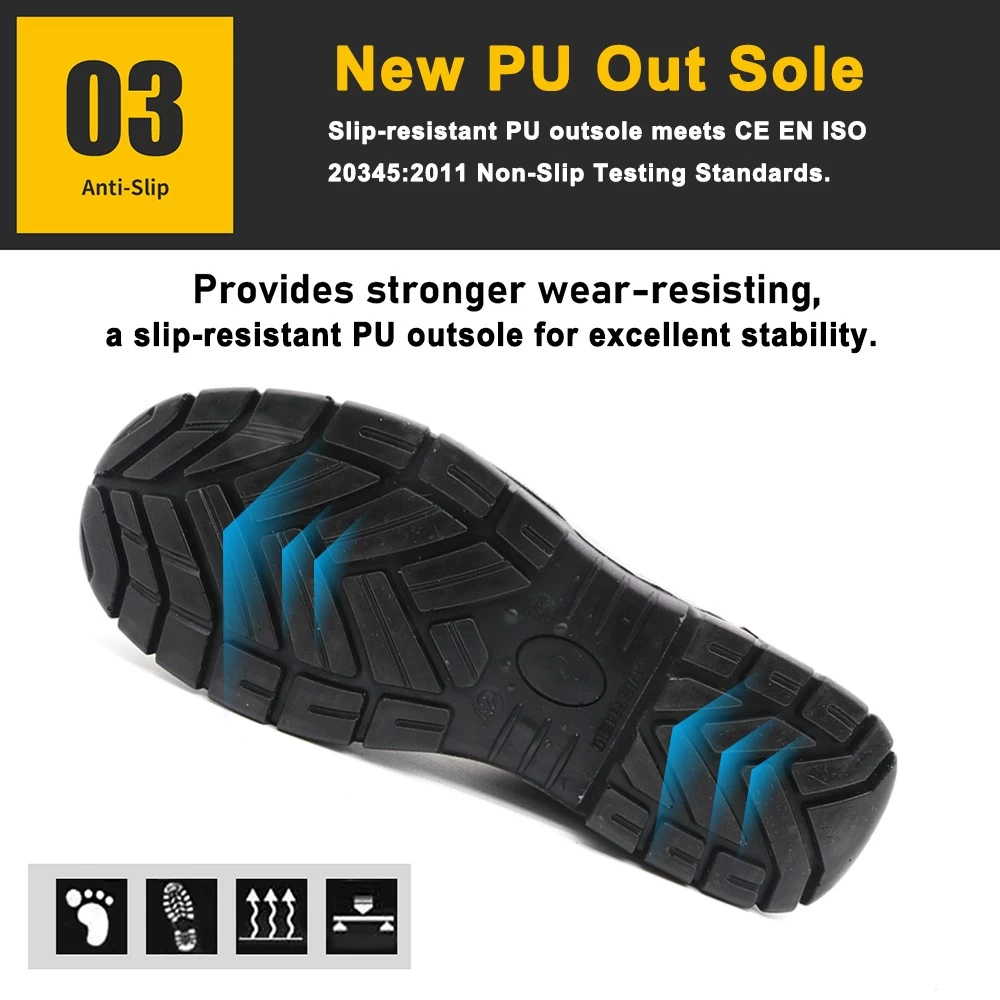 TM176 Nuevos zapatos de seguridad antideslizantes con suela de PU y punta de acero para hombres sin encaje